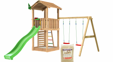 Legetårn Cottage 2.1, inkl. Swing modul, 120 kg sand, grøn rutschebane